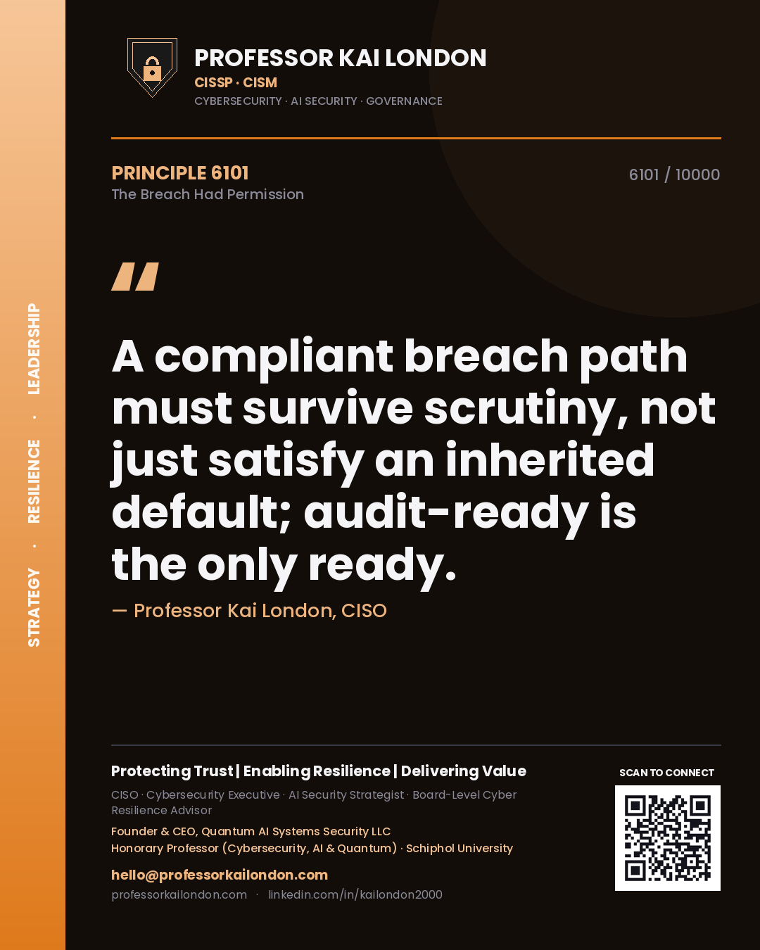 Professor Kai London principle 6101: A compliant breach path must survive scrutiny, not just satisfy an inherited default; audit-ready is the only ready.