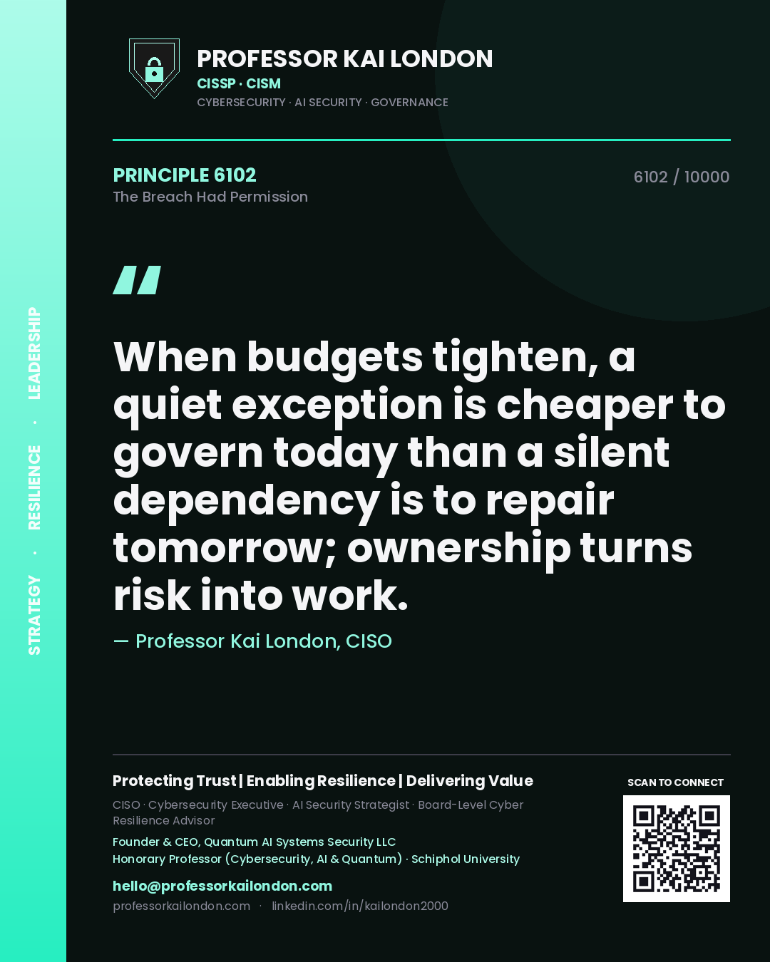 Quote card by Professor Kai London reading 'When budgets tighten, a quiet exception is cheaper to govern today than a silent dependency is to repair tomorrow; ownership turns risk into work.'. From the book The Breach Had Permission.