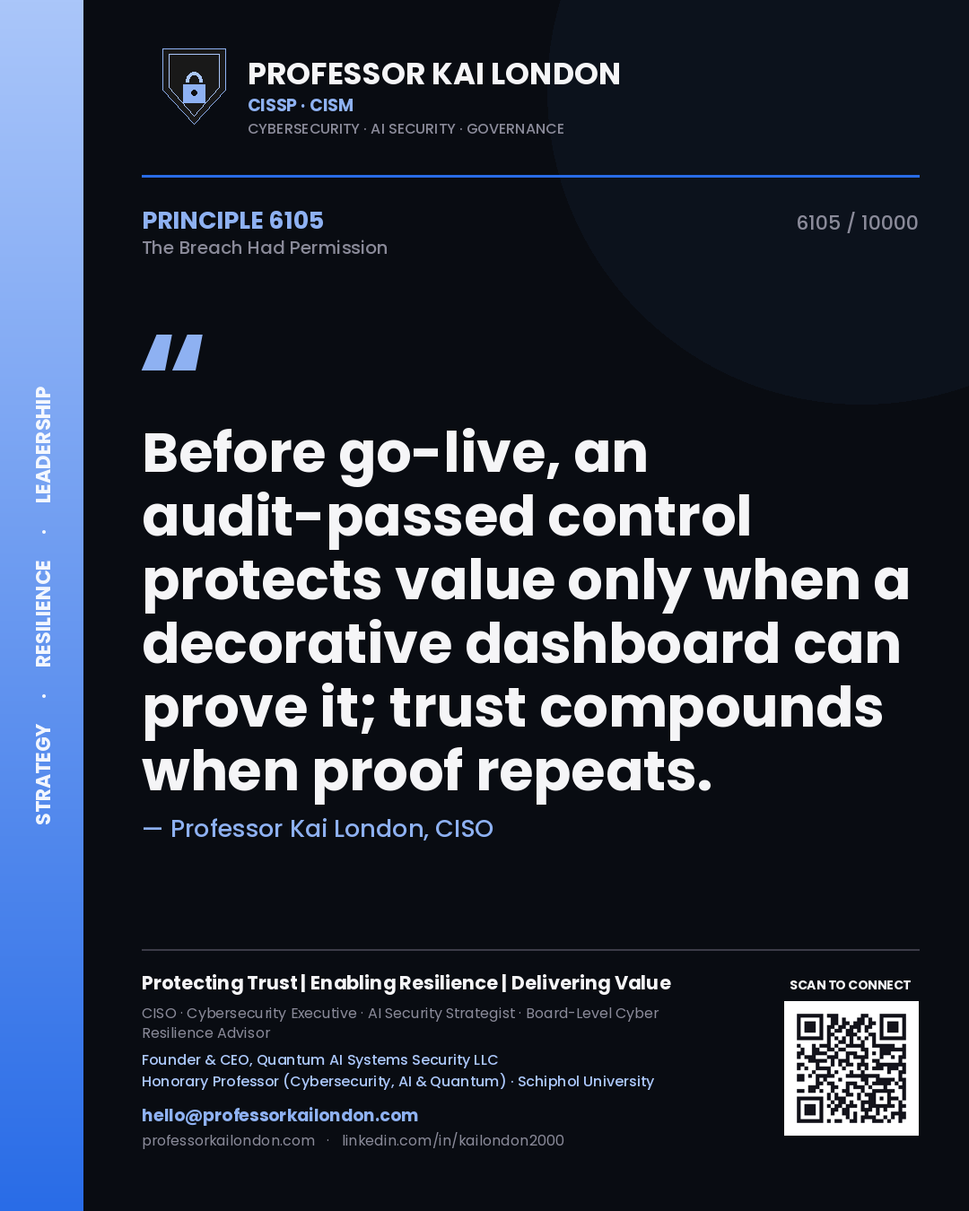 Quote card by Professor Kai London reading 'Before go-live, an audit-passed control protects value only when a decorative dashboard can prove it; trust compounds when proof repeats.'. From the book The Breach Had Permission.