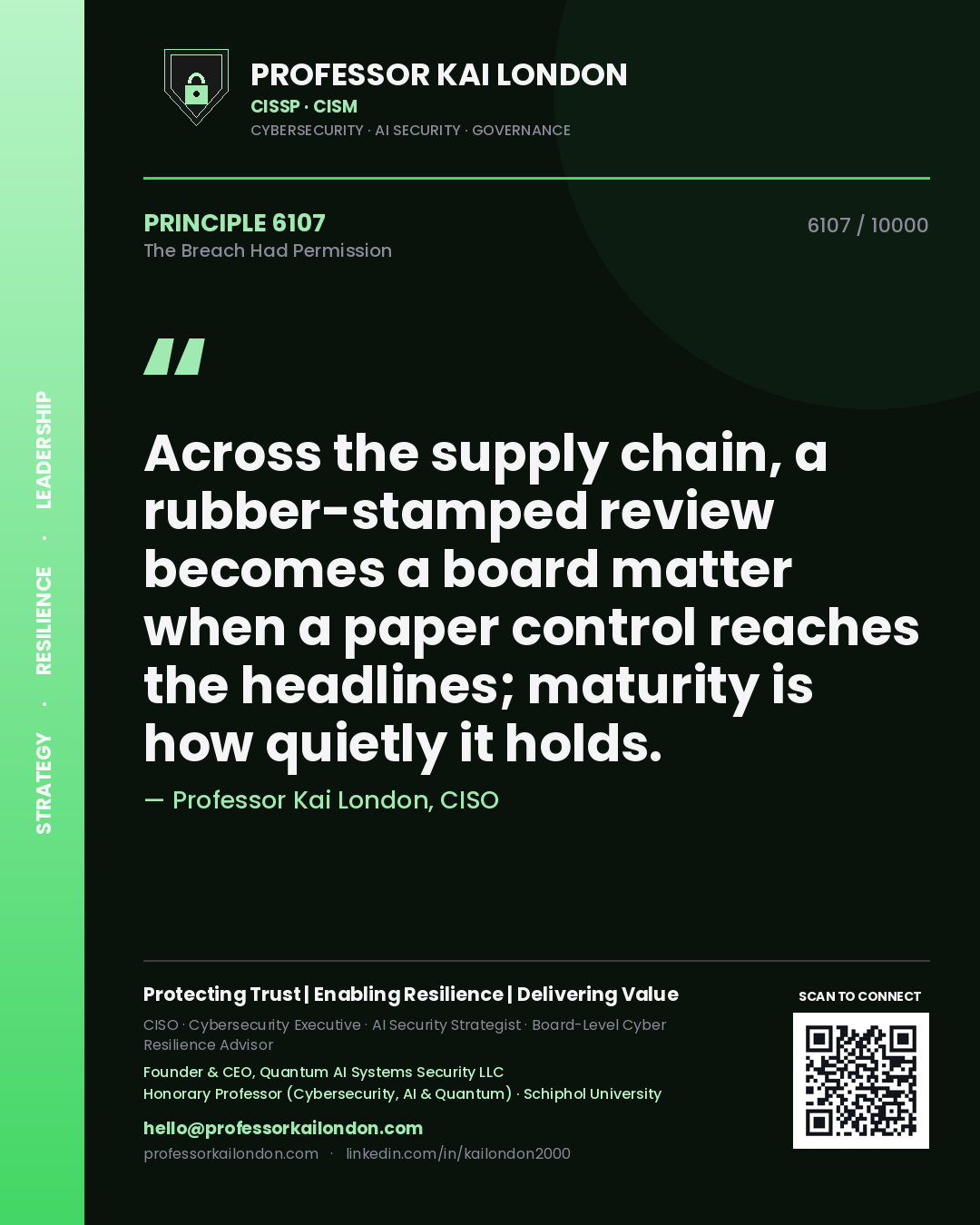 Quote card by Professor Kai London reading 'Across the supply chain, a rubber-stamped review becomes a board matter when a paper control reaches the headlines; maturity is how quietly it holds.'. From the book The Breach Had Permission.