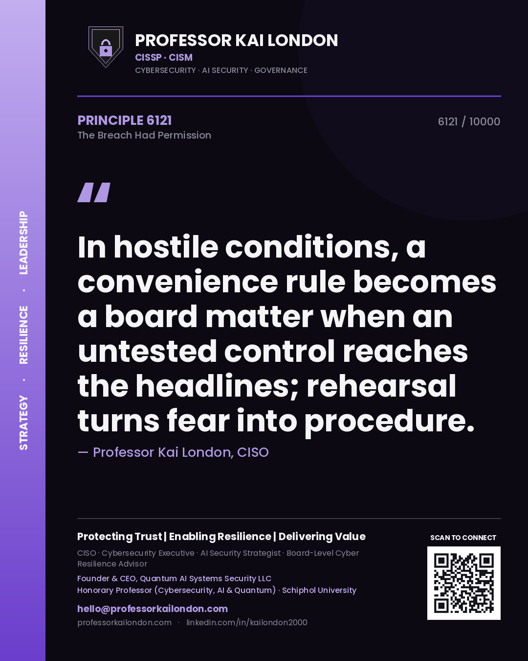 Professor Kai London principle 6121: In hostile conditions, a convenience rule becomes a board matter when an untested control reaches the headlines; rehearsal turns fear into procedure.