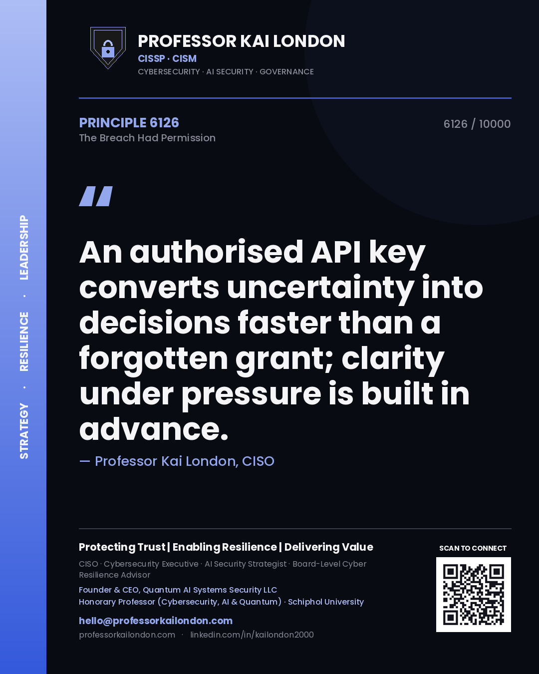 Professor Kai London principle 6126: An authorised API key converts uncertainty into decisions faster than a forgotten grant; clarity under pressure is built in advance.