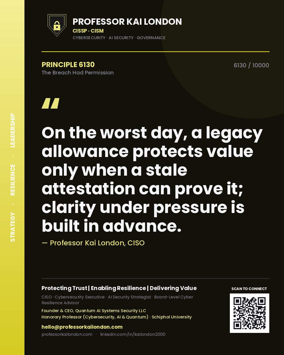 Professor Kai London principle 6130: On the worst day, a legacy allowance protects value only when a stale attestation can prove it; clarity under pressure is built in advance.