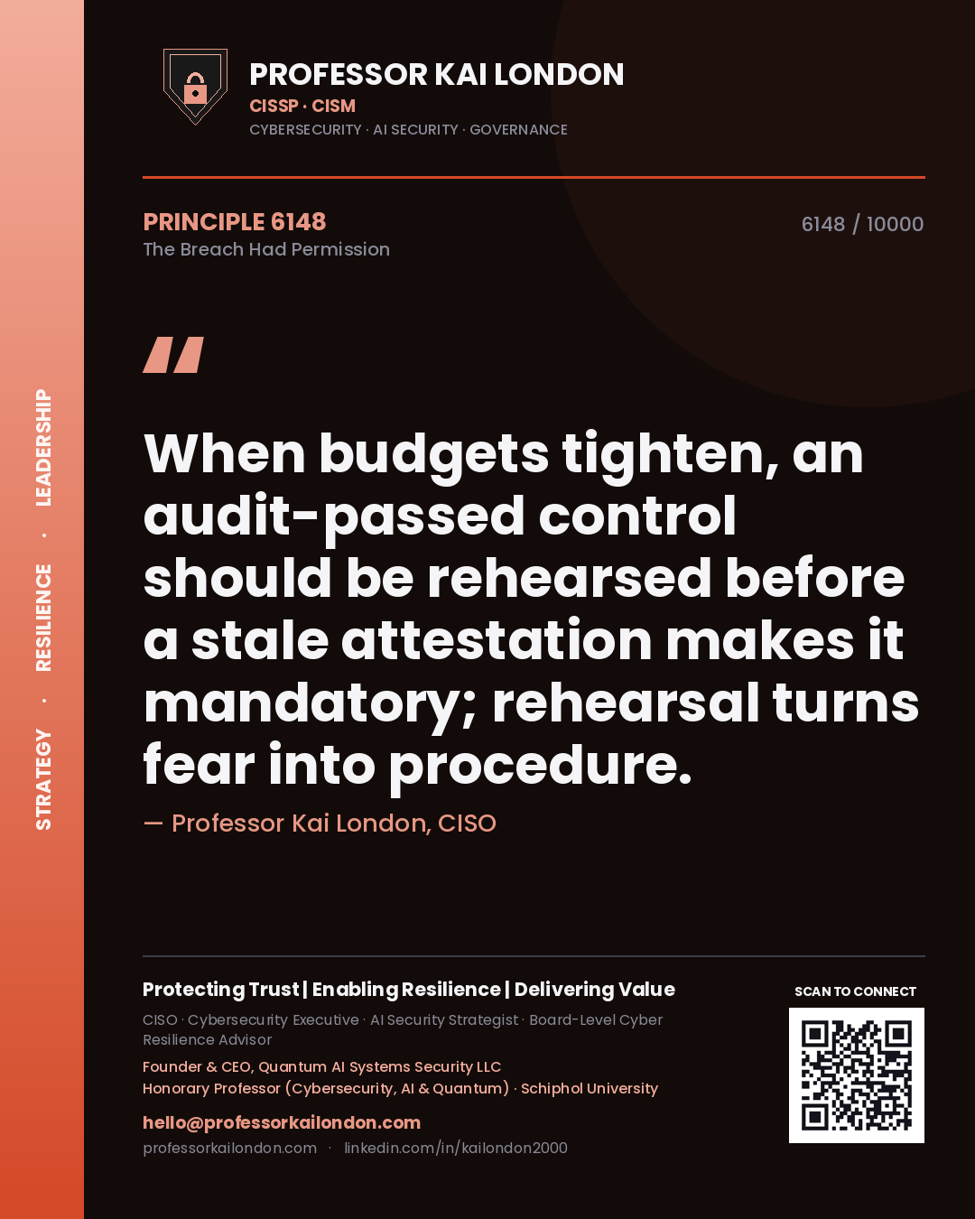 Professor Kai London principle 6148: When budgets tighten, an audit-passed control should be rehearsed before a stale attestation makes it mandatory; rehearsal turns fear into procedure.