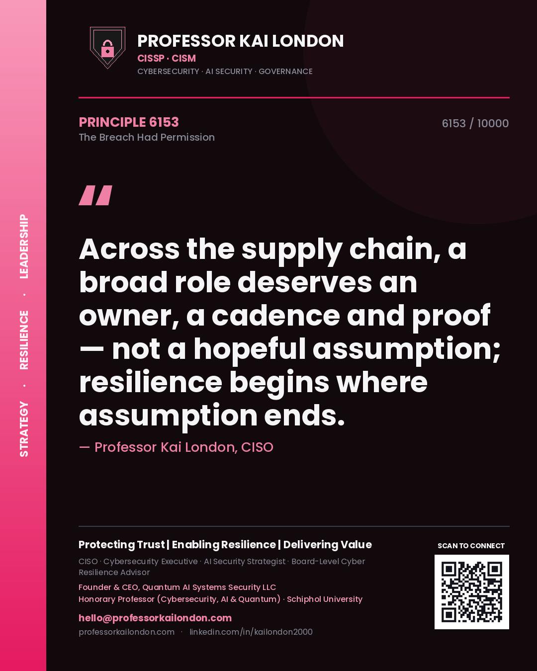 Quote card by Professor Kai London reading 'Across the supply chain, a broad role deserves an owner, a cadence and proof — not a hopeful assumption; resilience begins where assumption ends.'. From the book The Breach Had Permission.