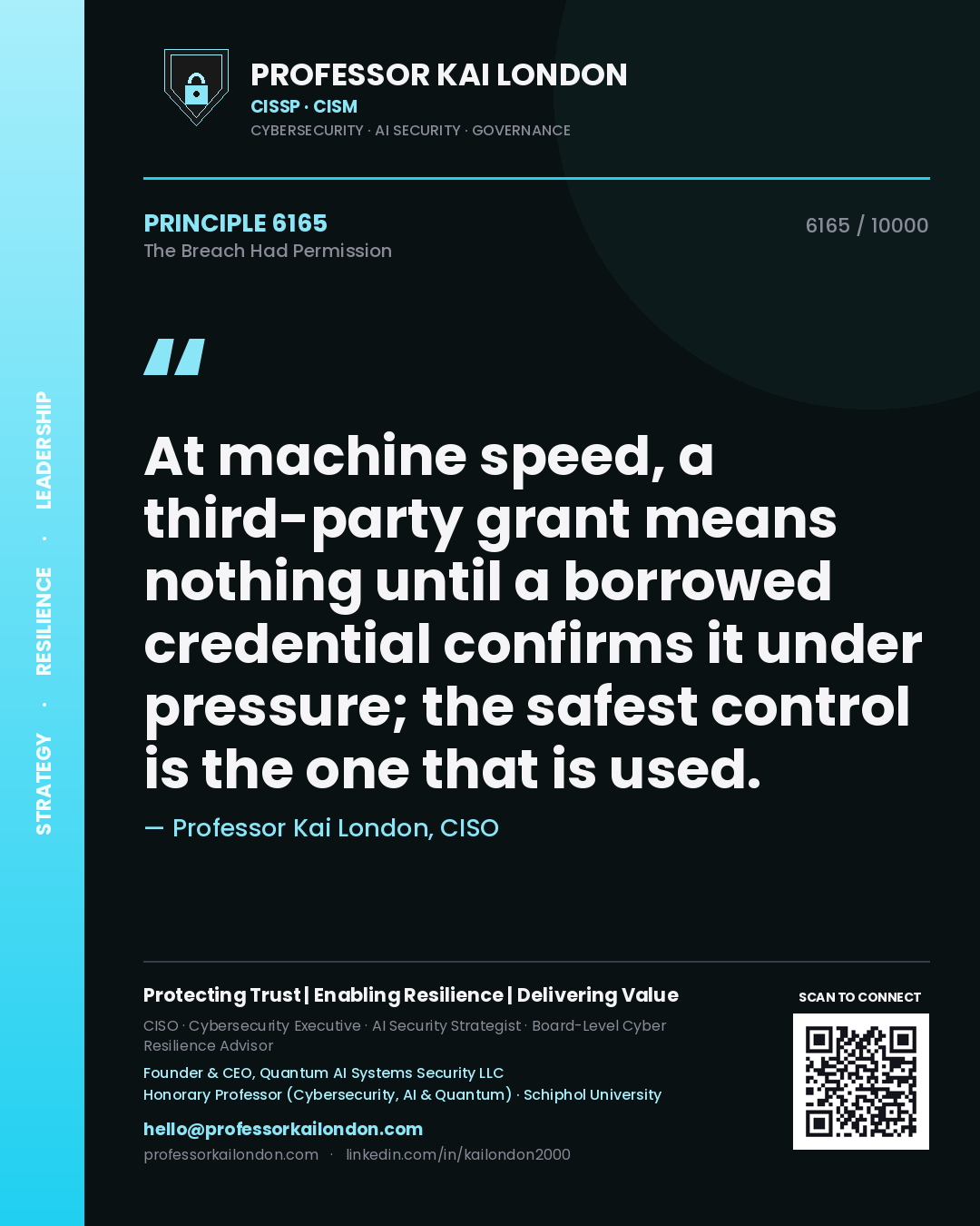Quote card by Professor Kai London reading 'At machine speed, a third-party grant means nothing until a borrowed credential confirms it under pressure; the safest control is the one that is used.'. From the book The Breach Had Permission.