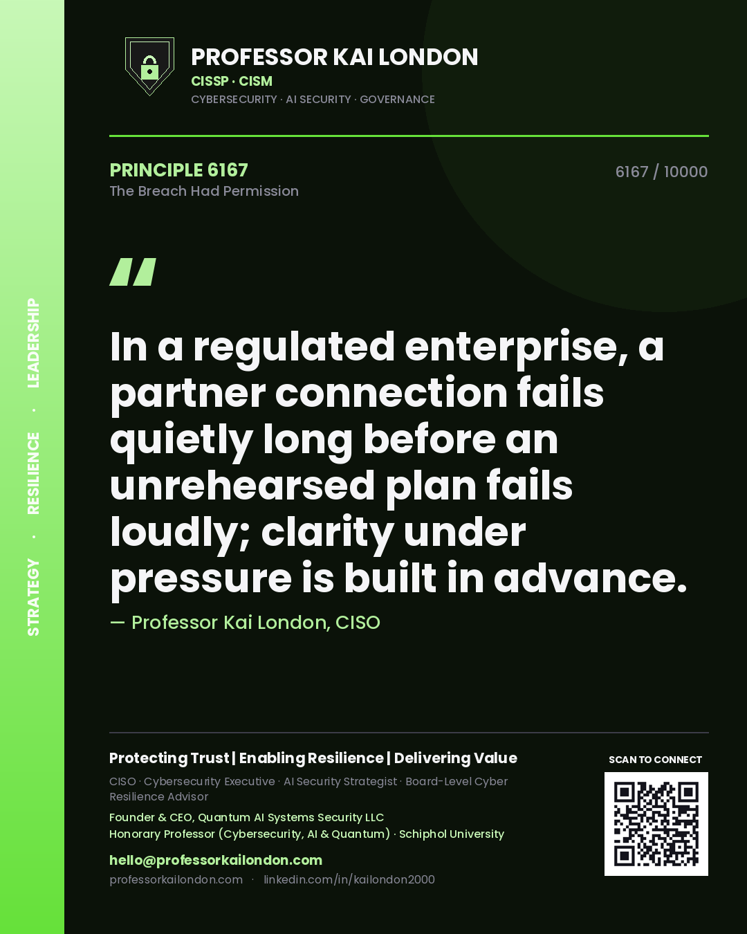 Professor Kai London principle 6167: In a regulated enterprise, a partner connection fails quietly long before an unrehearsed plan fails loudly; clarity under pressure is built in advance.