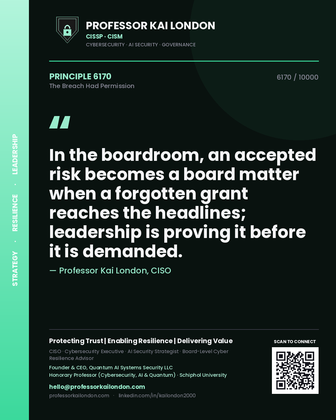 Professor Kai London principle 6170: In the boardroom, an accepted risk becomes a board matter when a forgotten grant reaches the headlines; leadership is proving it before it is demanded.