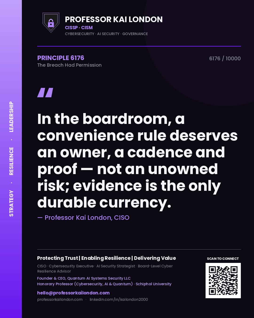 Professor Kai London principle 6176: In the boardroom, a convenience rule deserves an owner, a cadence and proof — not an unowned risk; evidence is the only durable currency.