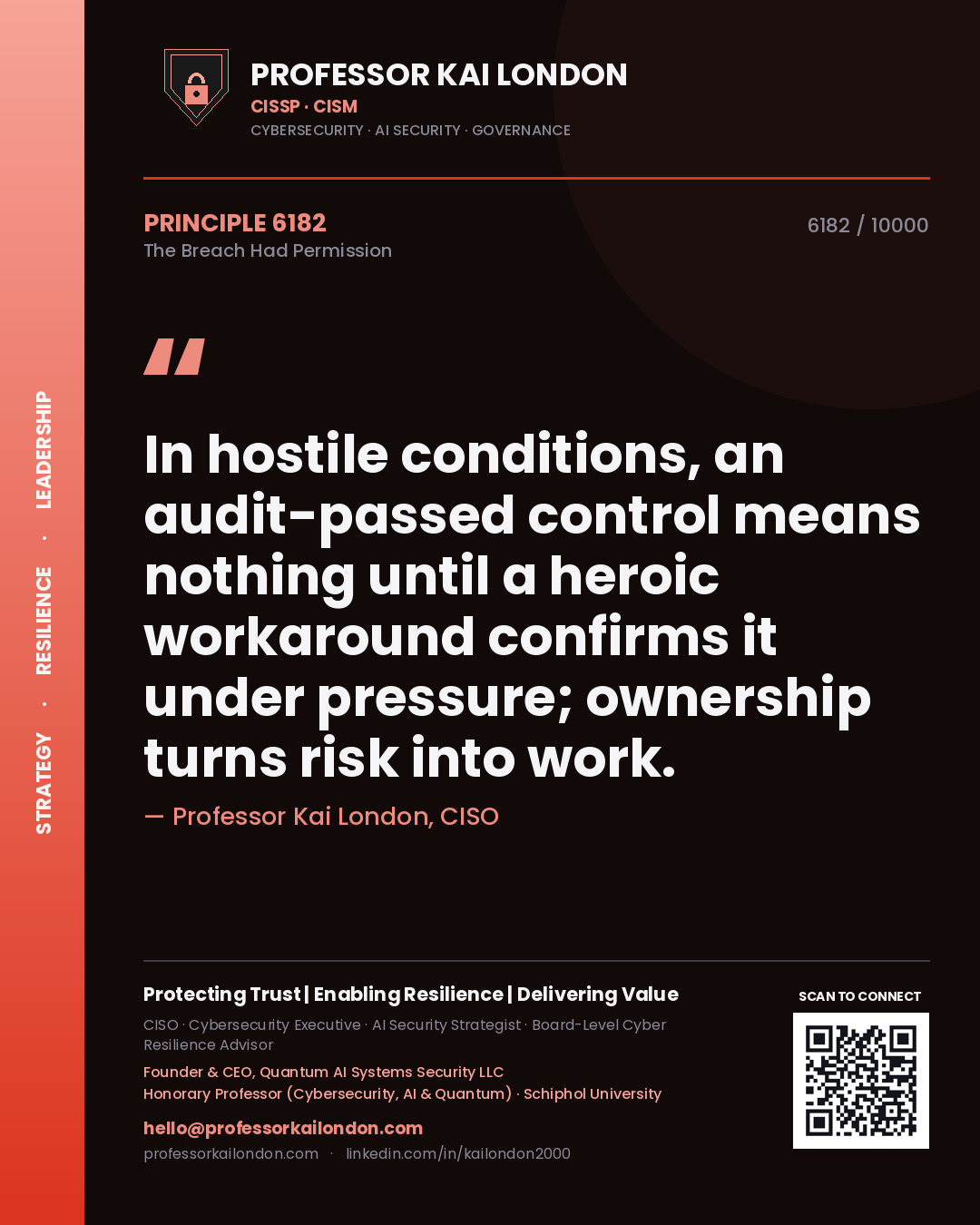 Quote card by Professor Kai London reading 'In hostile conditions, an audit-passed control means nothing until a heroic workaround confirms it under pressure; ownership turns risk into work.'. From the book The Breach Had Permission.