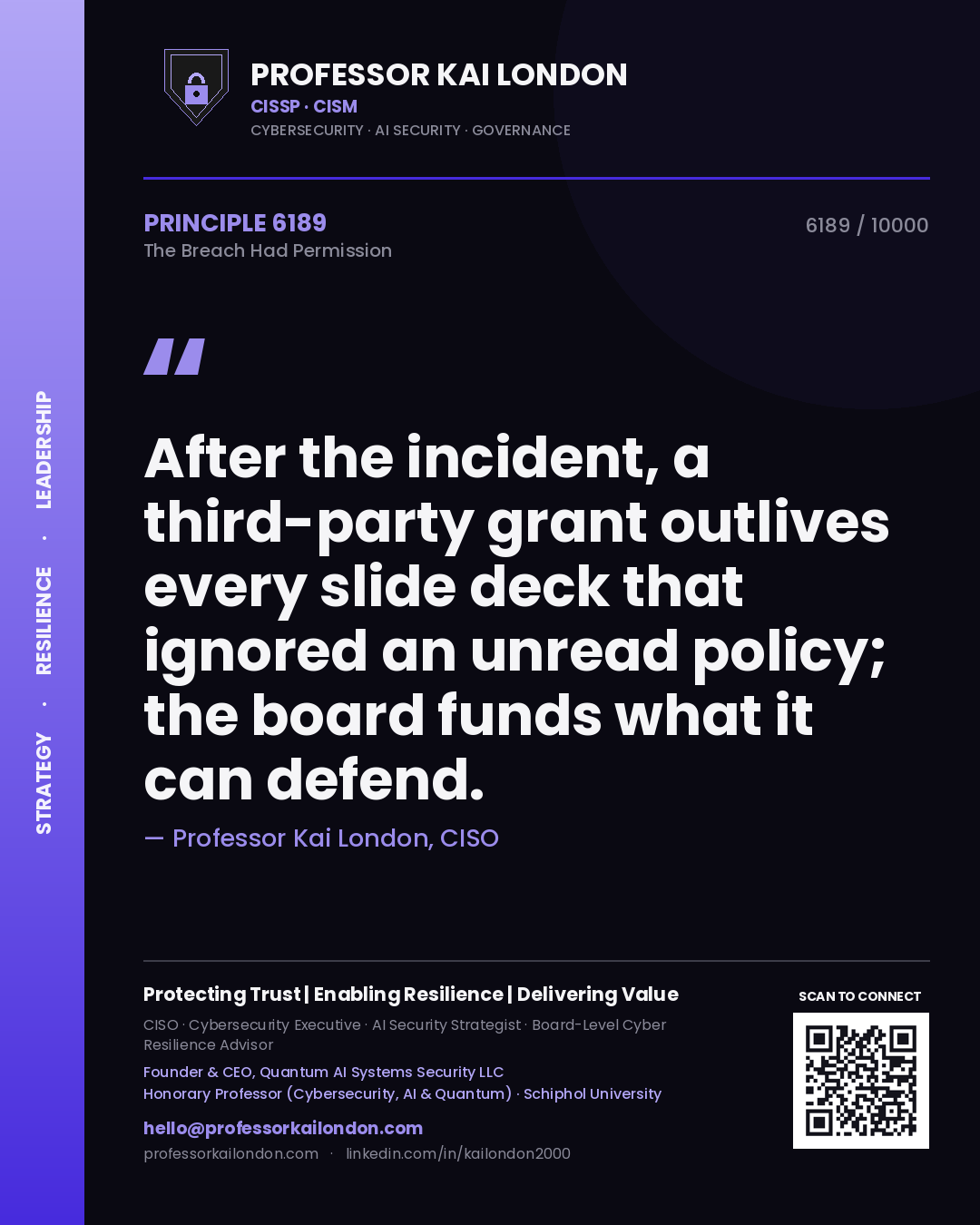 Professor Kai London principle 6189: After the incident, a third-party grant outlives every slide deck that ignored an unread policy; the board funds what it can defend.