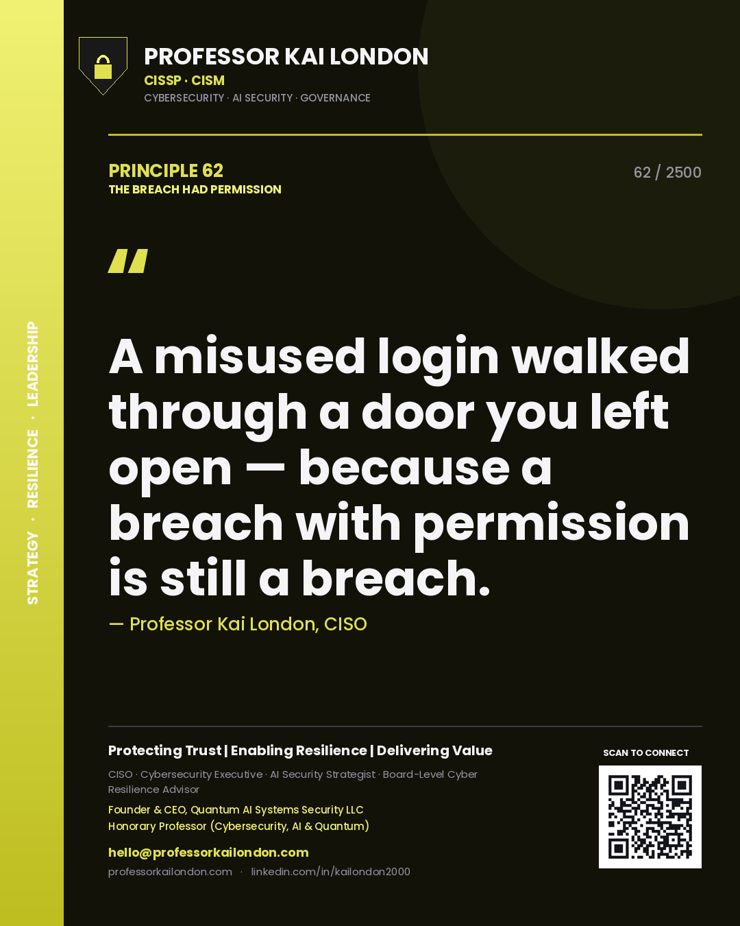 Quote card by Professor Kai London reading 'A misused login walked through a door you left open — because a breach with permission is still a breach.'. From the book The Breach Had Permission.