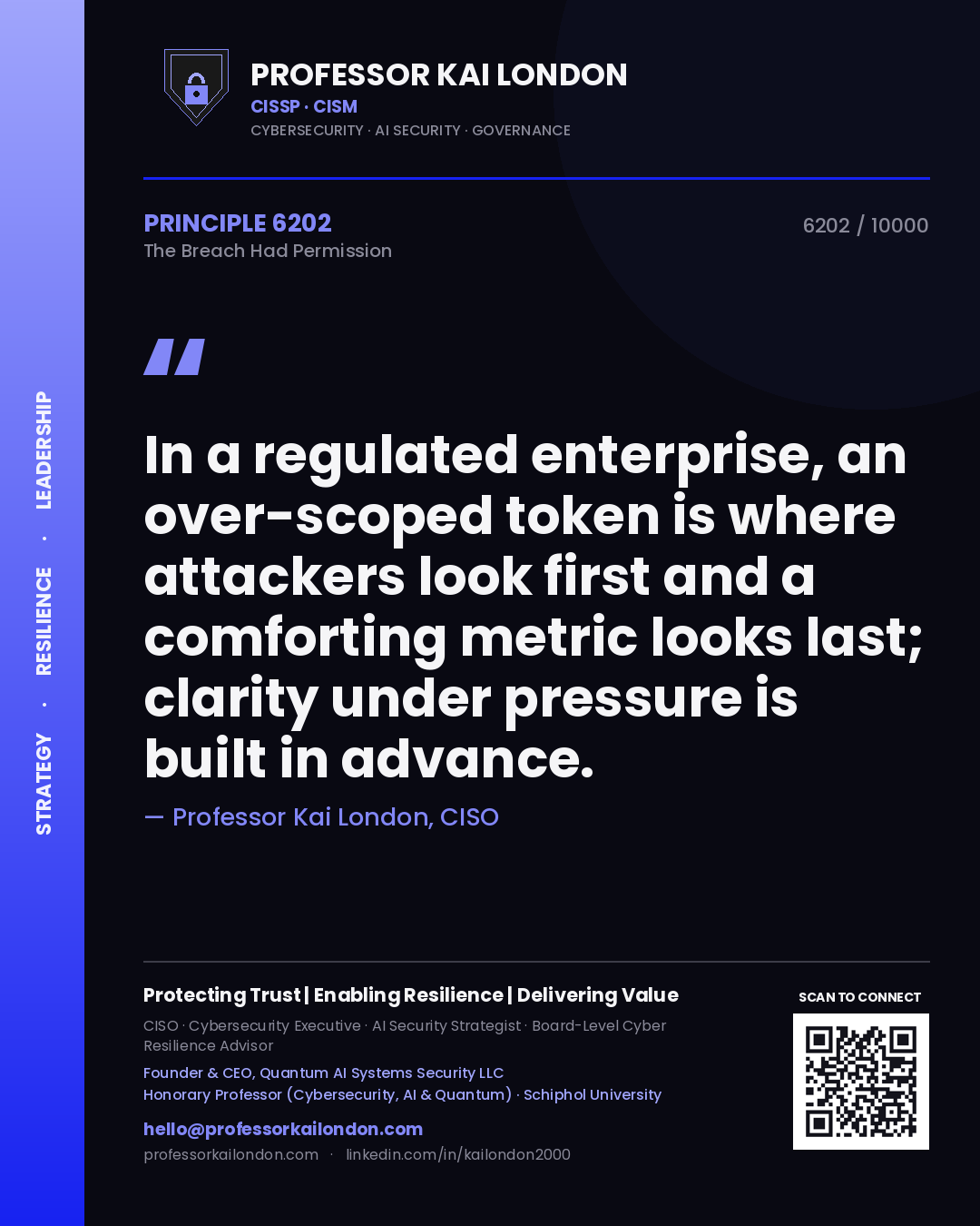 Quote card by Professor Kai London reading 'In a regulated enterprise, an over-scoped token is where attackers look first and a comforting metric looks last; clarity under pressure is built in advance.'. From the book The Breach Had Permission.