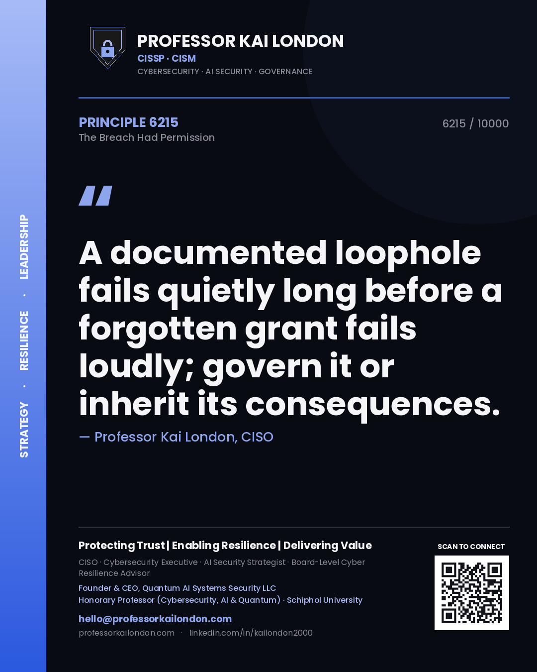 Professor Kai London principle 6215: A documented loophole fails quietly long before a forgotten grant fails loudly; govern it or inherit its consequences.