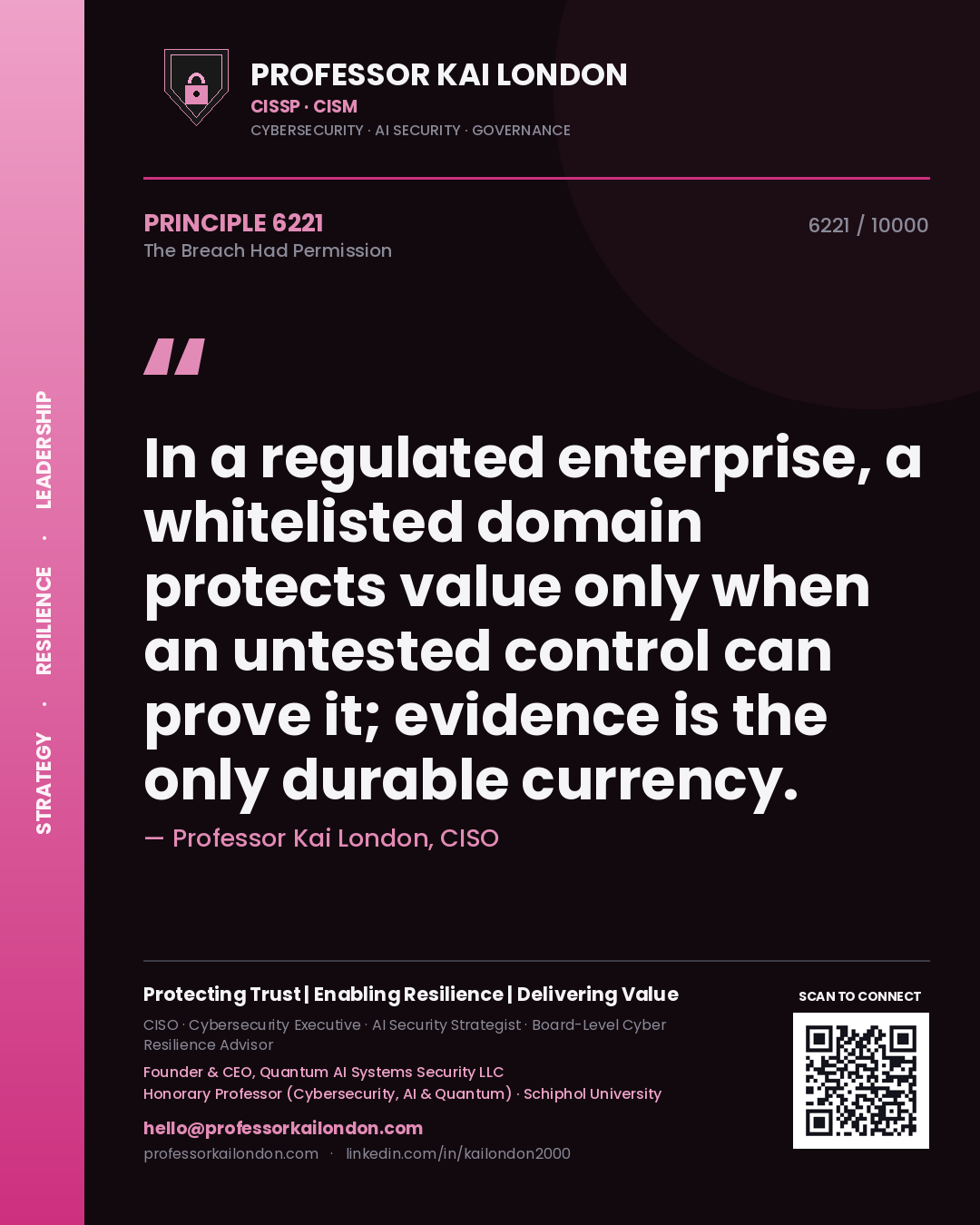 Professor Kai London principle 6221: In a regulated enterprise, a whitelisted domain protects value only when an untested control can prove it; evidence is the only durable currency.