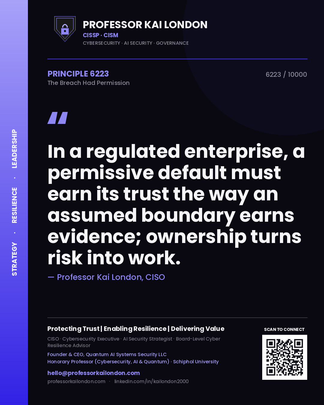Professor Kai London principle 6223: In a regulated enterprise, a permissive default must earn its trust the way an assumed boundary earns evidence; ownership turns risk into work.