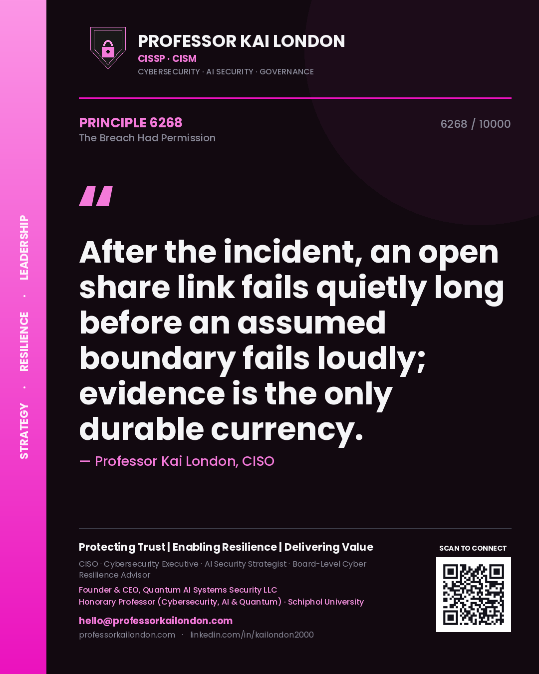 Professor Kai London principle 6268: After the incident, an open share link fails quietly long before an assumed boundary fails loudly; evidence is the only durable currency.