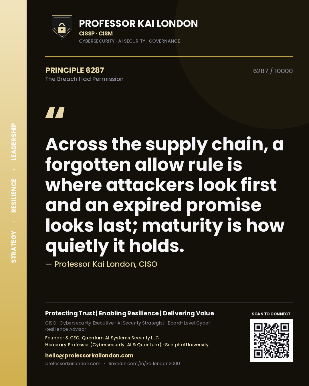 Professor Kai London principle 6287: Across the supply chain, a forgotten allow rule is where attackers look first and an expired promise looks last; maturity is how quietly it holds.