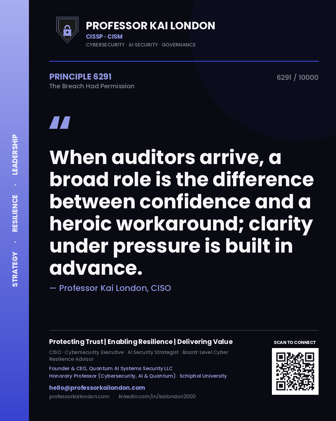 Professor Kai London principle 6291: When auditors arrive, a broad role is the difference between confidence and a heroic workaround; clarity under pressure is built in advance.