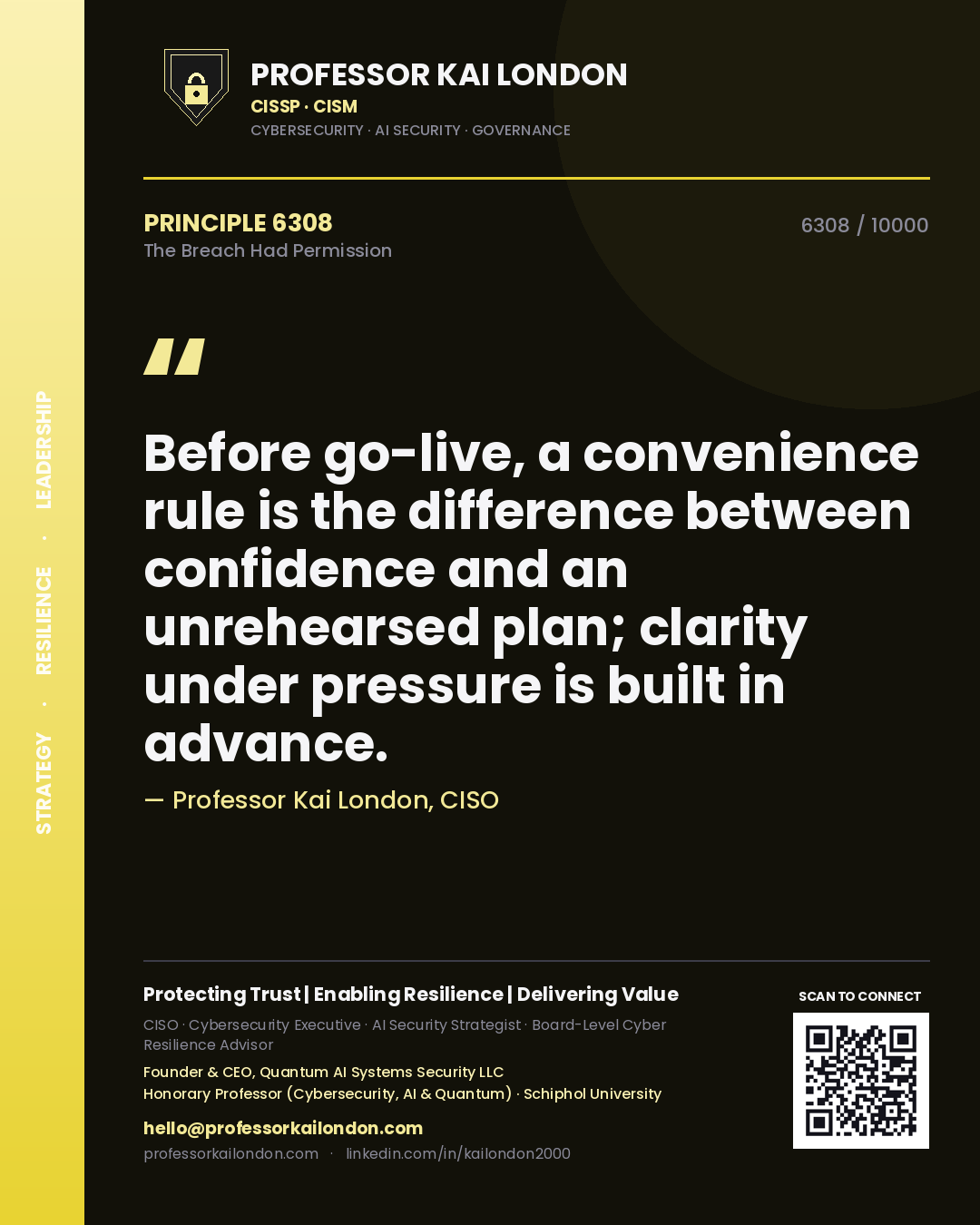 Quote card by Professor Kai London reading 'Before go-live, a convenience rule is the difference between confidence and an unrehearsed plan; clarity under pressure is built in advance.'. From the book The Breach Had Permission.