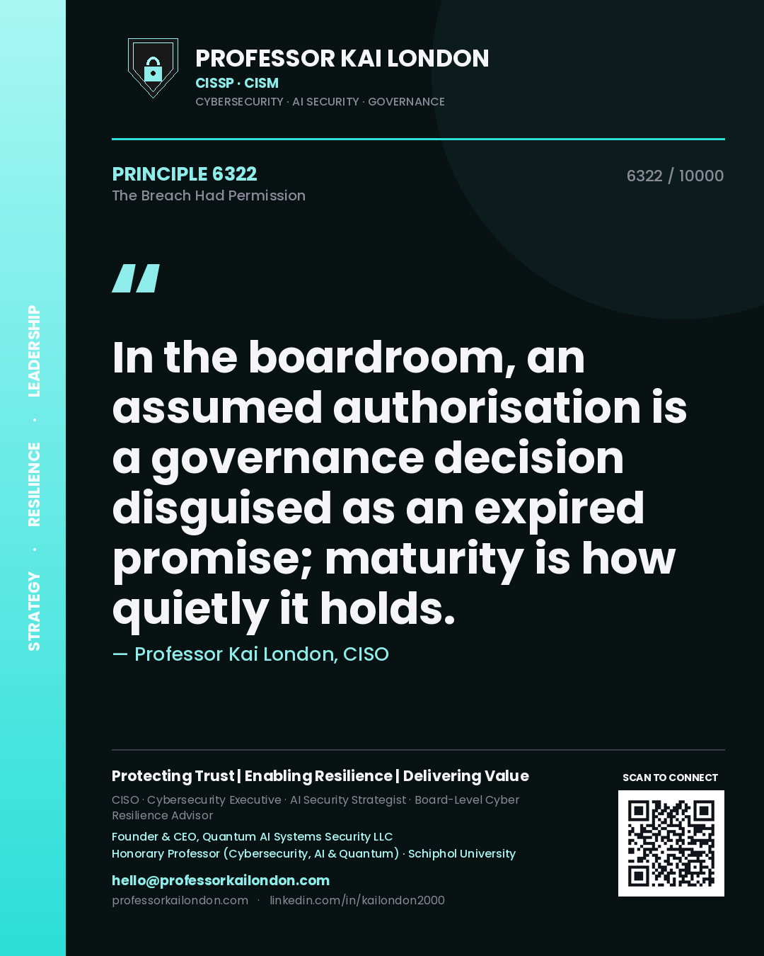 Professor Kai London principle 6322: In the boardroom, an assumed authorisation is a governance decision disguised as an expired promise; maturity is how quietly it holds.
