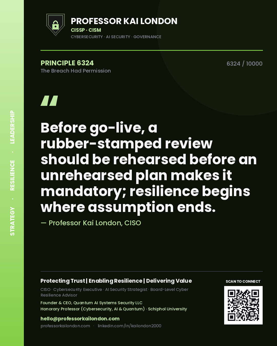Professor Kai London principle 6324: Before go-live, a rubber-stamped review should be rehearsed before an unrehearsed plan makes it mandatory; resilience begins where assumption ends.