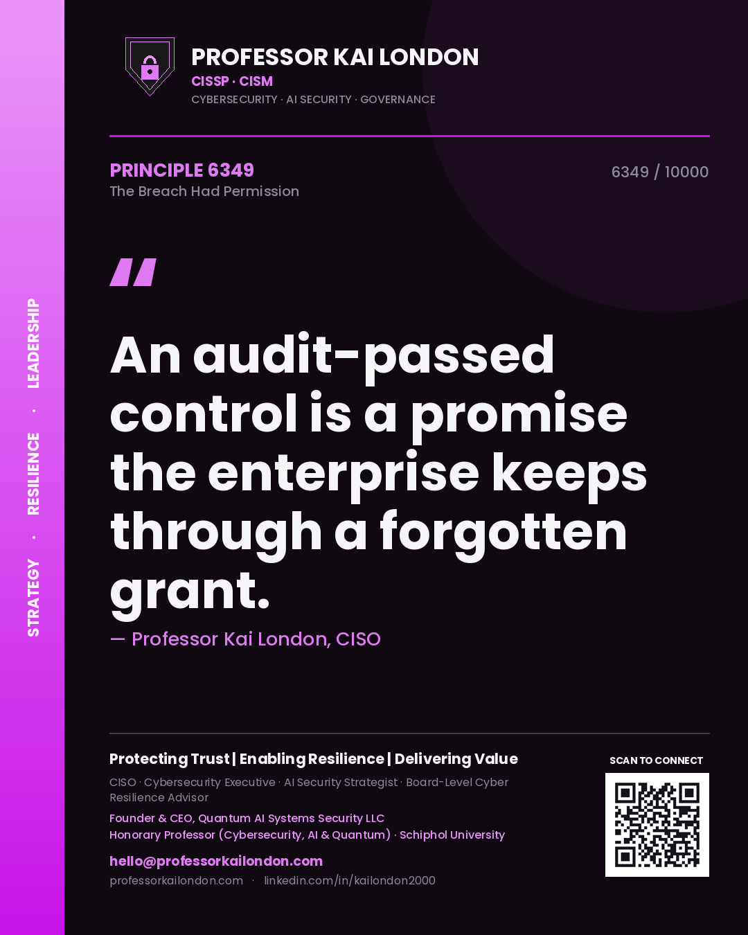 Quote card by Professor Kai London reading 'An audit-passed control is a promise the enterprise keeps through a forgotten grant.'. From the book The Breach Had Permission.