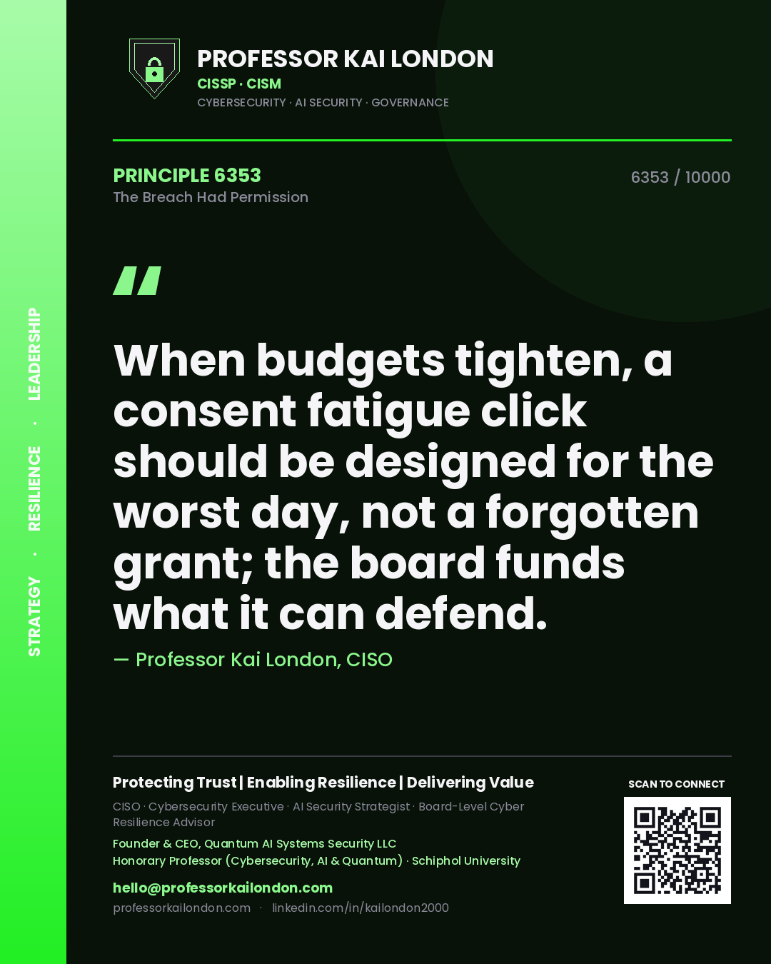 Professor Kai London principle 6353: When budgets tighten, a consent fatigue click should be designed for the worst day, not a forgotten grant; the board funds what it can defend.