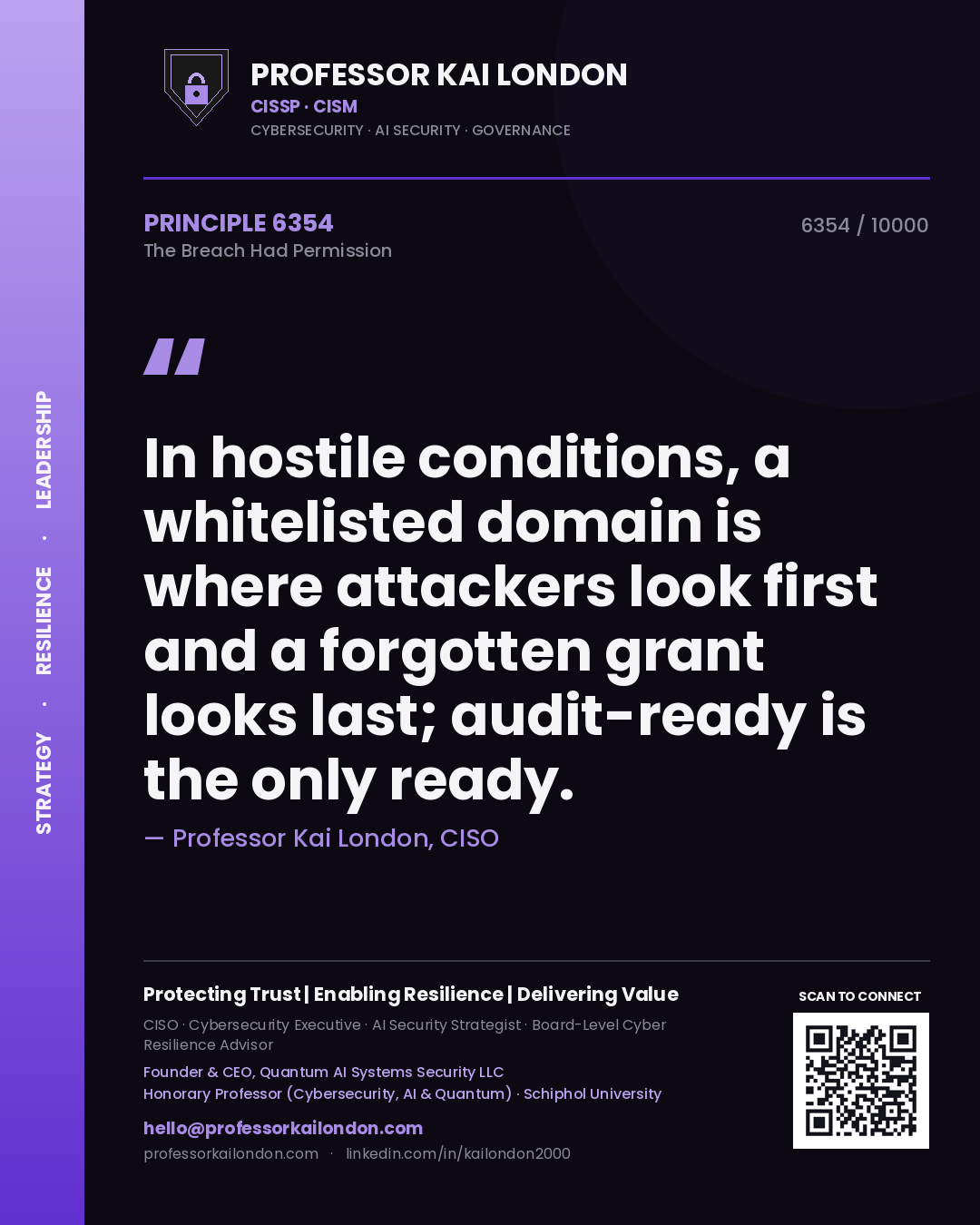 Professor Kai London principle 6354: In hostile conditions, a whitelisted domain is where attackers look first and a forgotten grant looks last; audit-ready is the only ready.