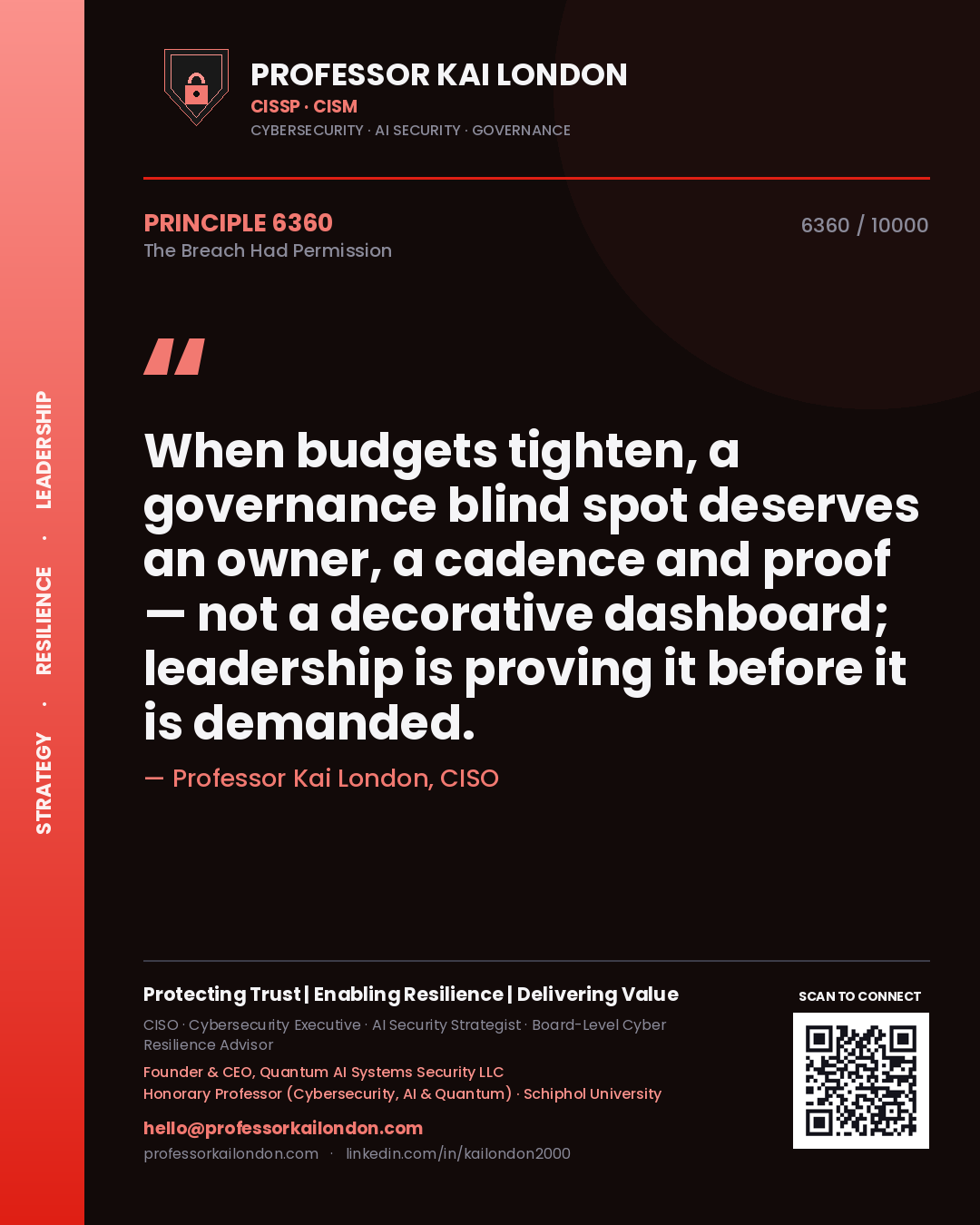 Quote card by Professor Kai London reading 'When budgets tighten, a governance blind spot deserves an owner, a cadence and proof — not a decorative dashboard; leadership is proving it before it is demanded.'. From the book The Breach Had Permission.
