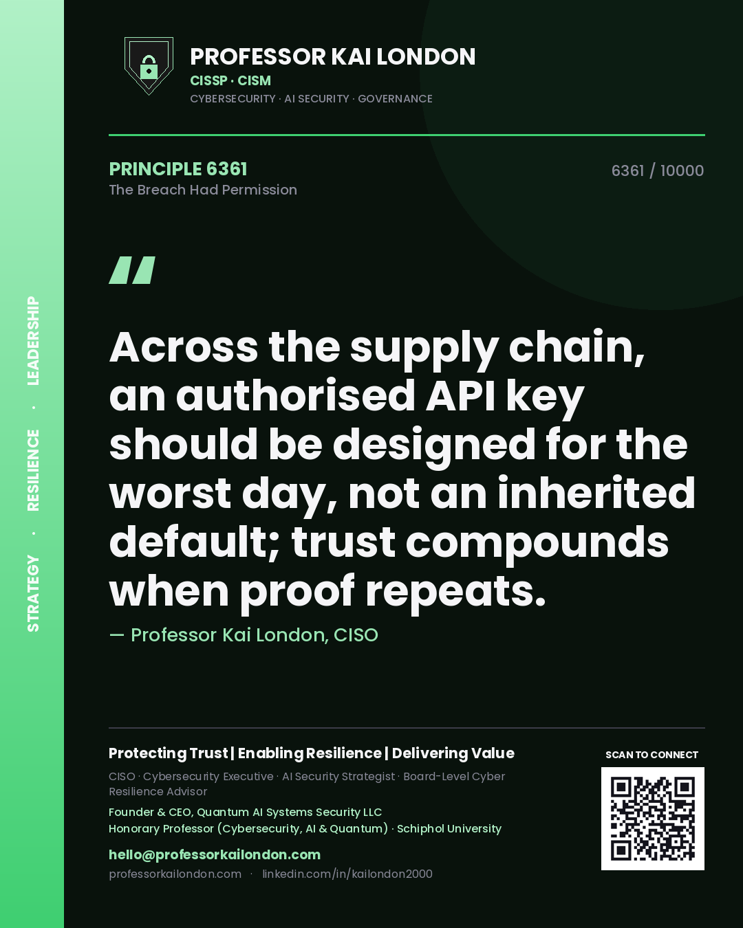 Professor Kai London principle 6361: Across the supply chain, an authorised API key should be designed for the worst day, not an inherited default; trust compounds when proof repeats.