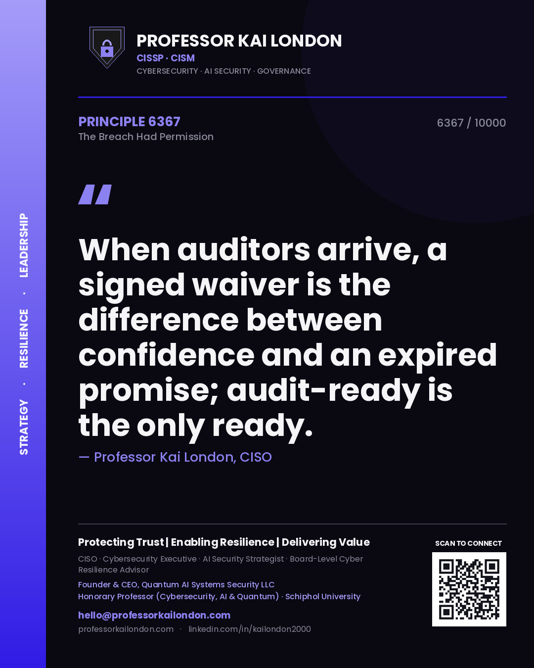 Professor Kai London principle 6367: When auditors arrive, a signed waiver is the difference between confidence and an expired promise; audit-ready is the only ready.