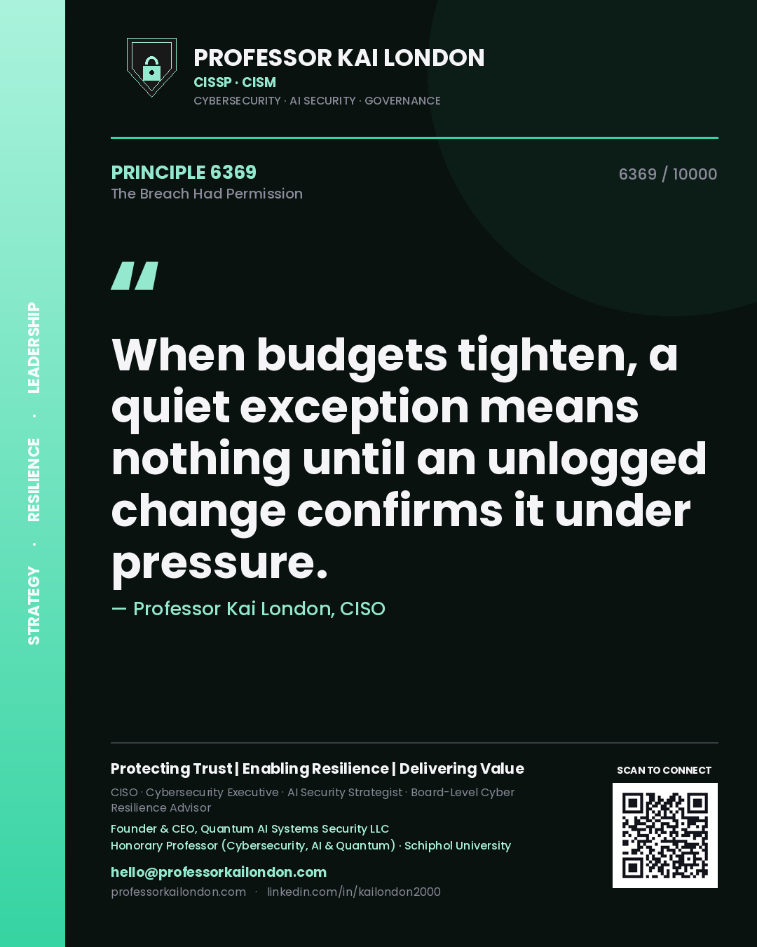 Quote card by Professor Kai London reading 'When budgets tighten, a quiet exception means nothing until an unlogged change confirms it under pressure.'. From the book The Breach Had Permission.