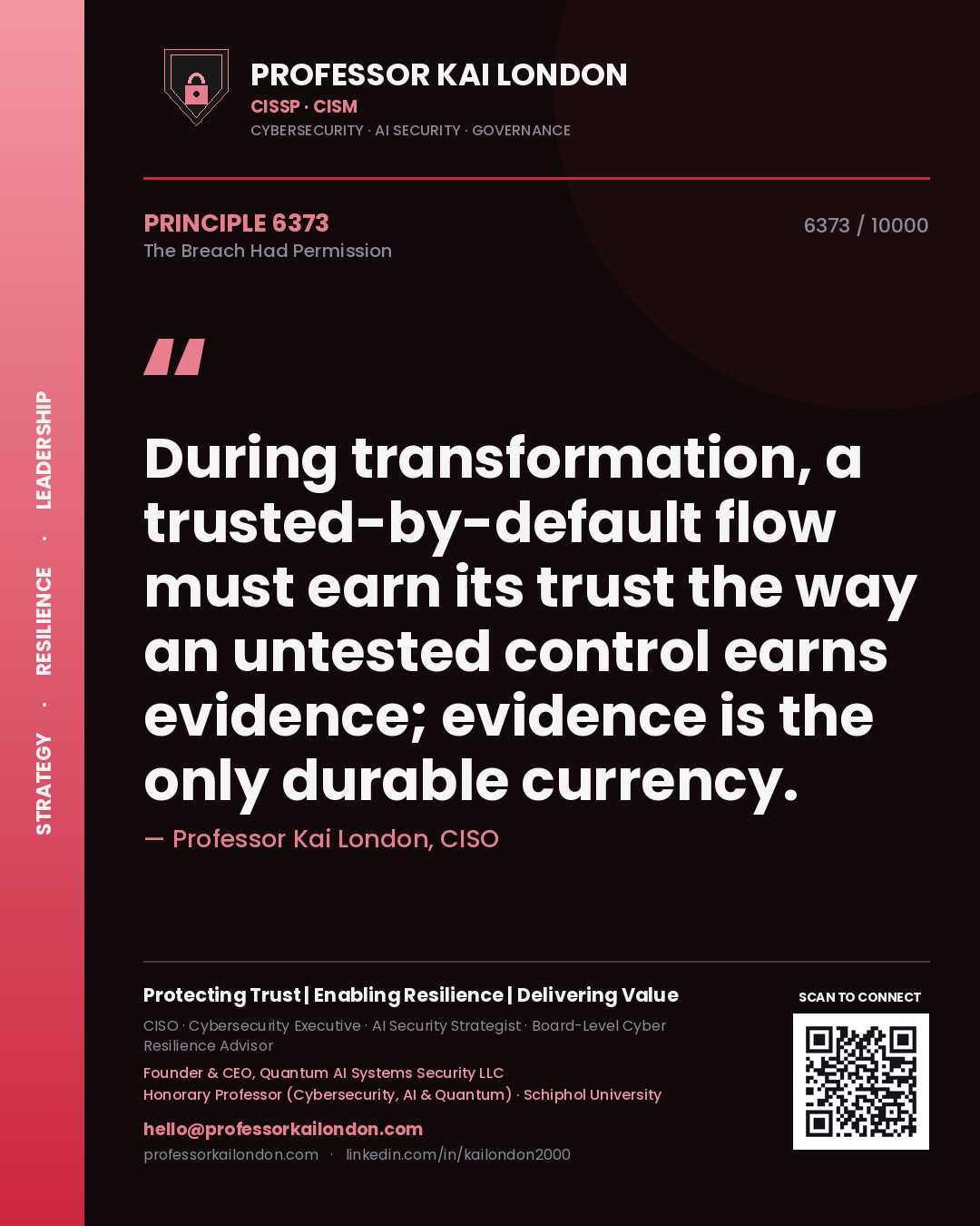 Quote card by Professor Kai London reading 'During transformation, a trusted-by-default flow must earn its trust the way an untested control earns evidence; evidence is the only durable currency.'. From the book The Breach Had Permission.