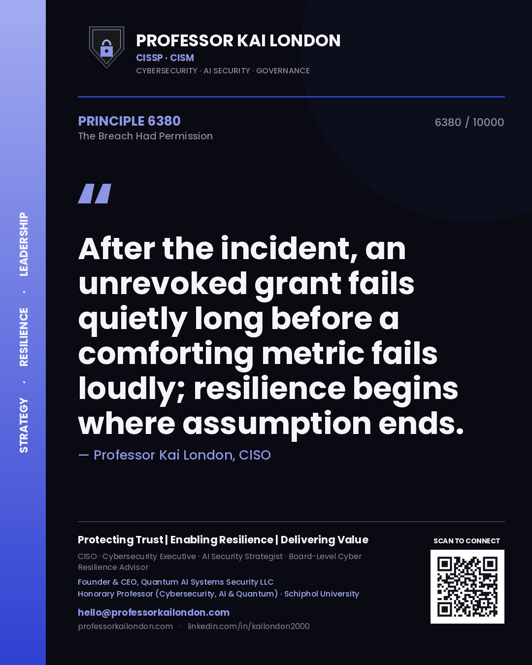 Quote card by Professor Kai London reading 'After the incident, an unrevoked grant fails quietly long before a comforting metric fails loudly; resilience begins where assumption ends.'. From the book The Breach Had Permission.