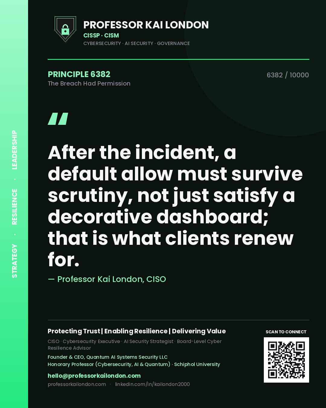 Professor Kai London principle 6382: After the incident, a default allow must survive scrutiny, not just satisfy a decorative dashboard; that is what clients renew for.