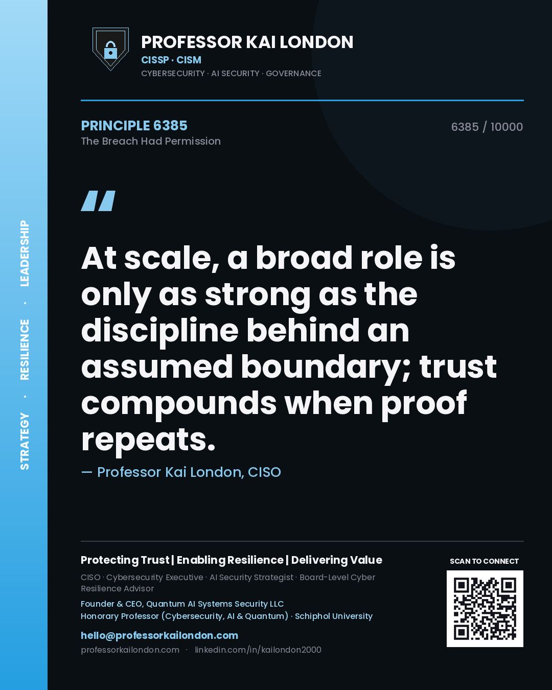 Quote card by Professor Kai London reading 'At scale, a broad role is only as strong as the discipline behind an assumed boundary; trust compounds when proof repeats.'. From the book The Breach Had Permission.