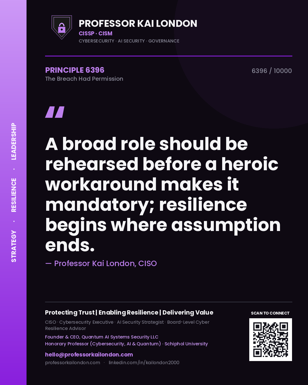 Professor Kai London principle 6396: A broad role should be rehearsed before a heroic workaround makes it mandatory; resilience begins where assumption ends.