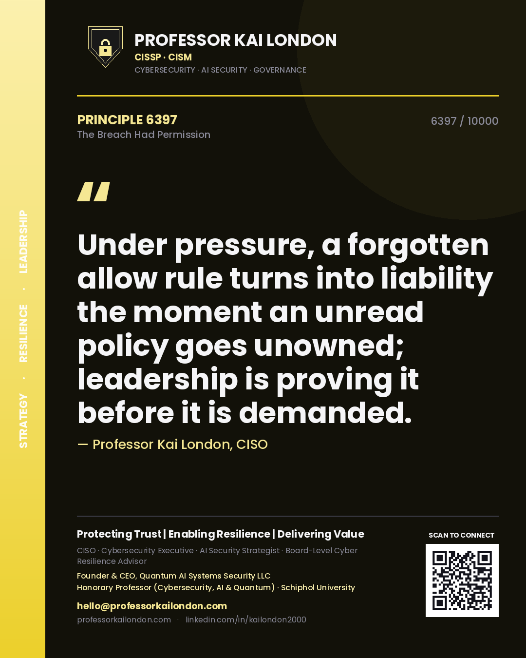 Professor Kai London principle 6397: Under pressure, a forgotten allow rule turns into liability the moment an unread policy goes unowned; leadership is proving it before it is demanded.