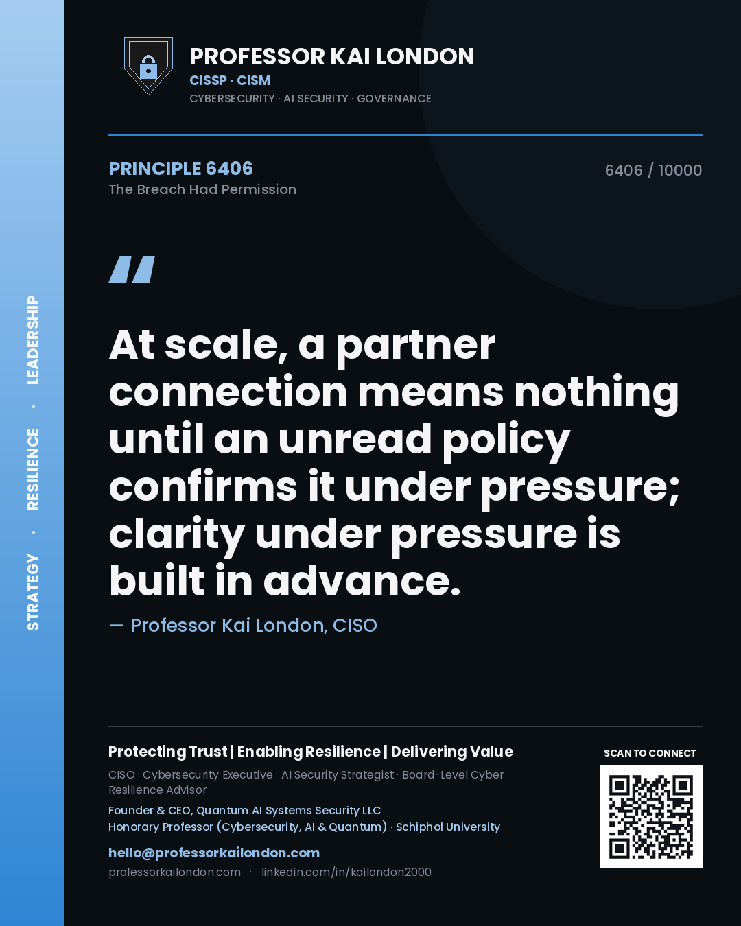 Quote card by Professor Kai London reading 'At scale, a partner connection means nothing until an unread policy confirms it under pressure; clarity under pressure is built in advance.'. From the book The Breach Had Permission.
