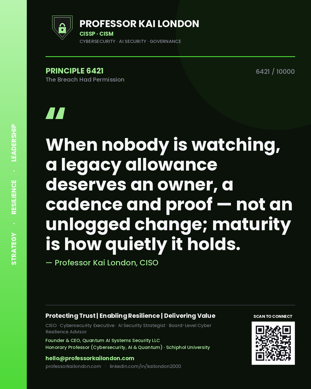 Quote card by Professor Kai London reading 'When nobody is watching, a legacy allowance deserves an owner, a cadence and proof — not an unlogged change; maturity is how quietly it holds.'. From the book The Breach Had Permission.