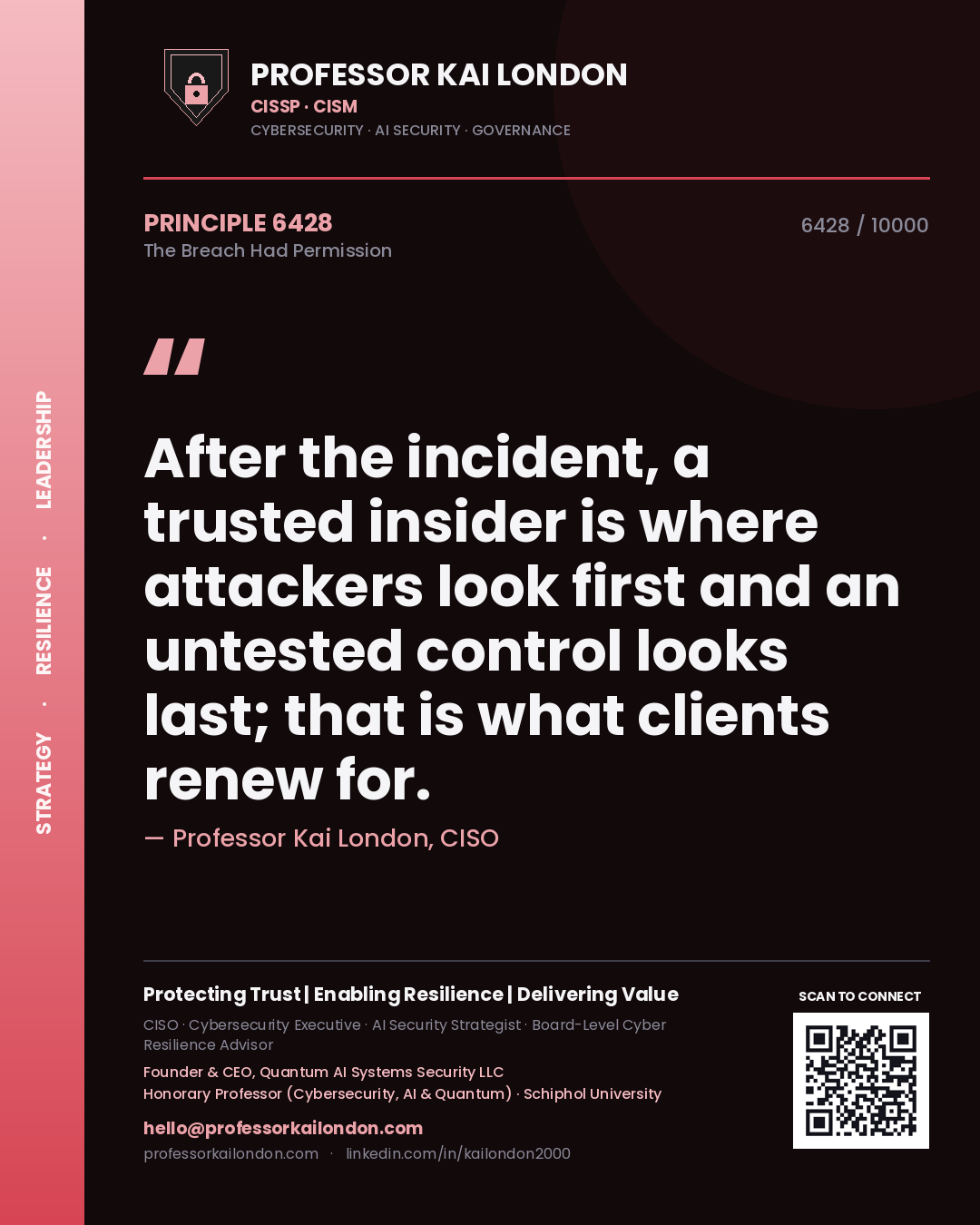 Professor Kai London principle 6428: After the incident, a trusted insider is where attackers look first and an untested control looks last; that is what clients renew for.