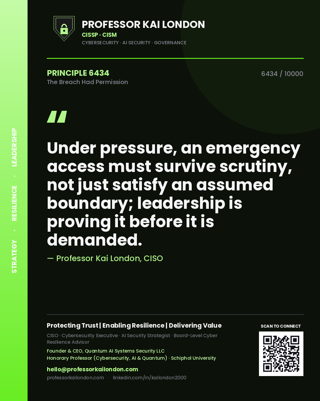 Quote card by Professor Kai London reading 'Under pressure, an emergency access must survive scrutiny, not just satisfy an assumed boundary; leadership is proving it before it is demanded.'. From the book The Breach Had Permission.