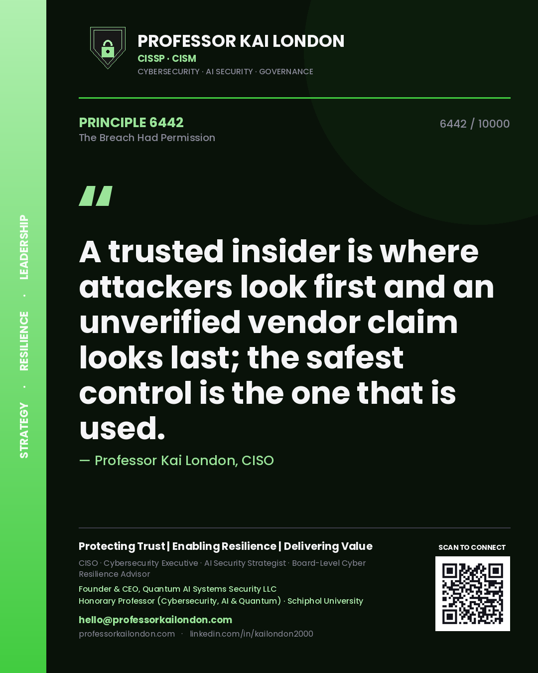Quote card by Professor Kai London reading 'A trusted insider is where attackers look first and an unverified vendor claim looks last; the safest control is the one that is used.'. From the book The Breach Had Permission.
