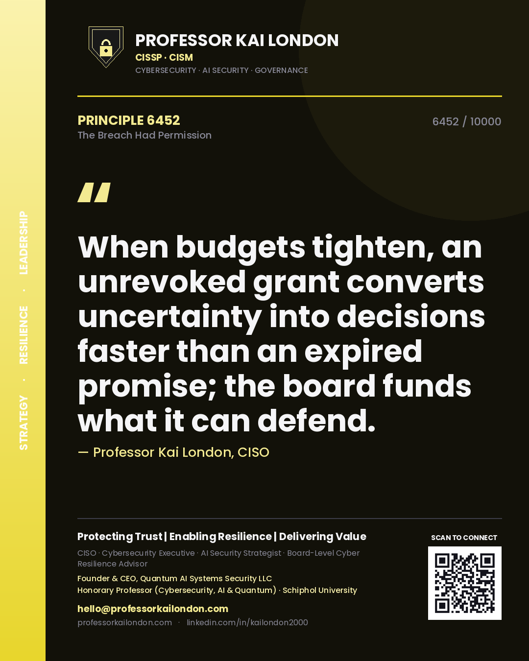 Quote card by Professor Kai London reading 'When budgets tighten, an unrevoked grant converts uncertainty into decisions faster than an expired promise; the board funds what it can defend.'. From the book The Breach Had Permission.