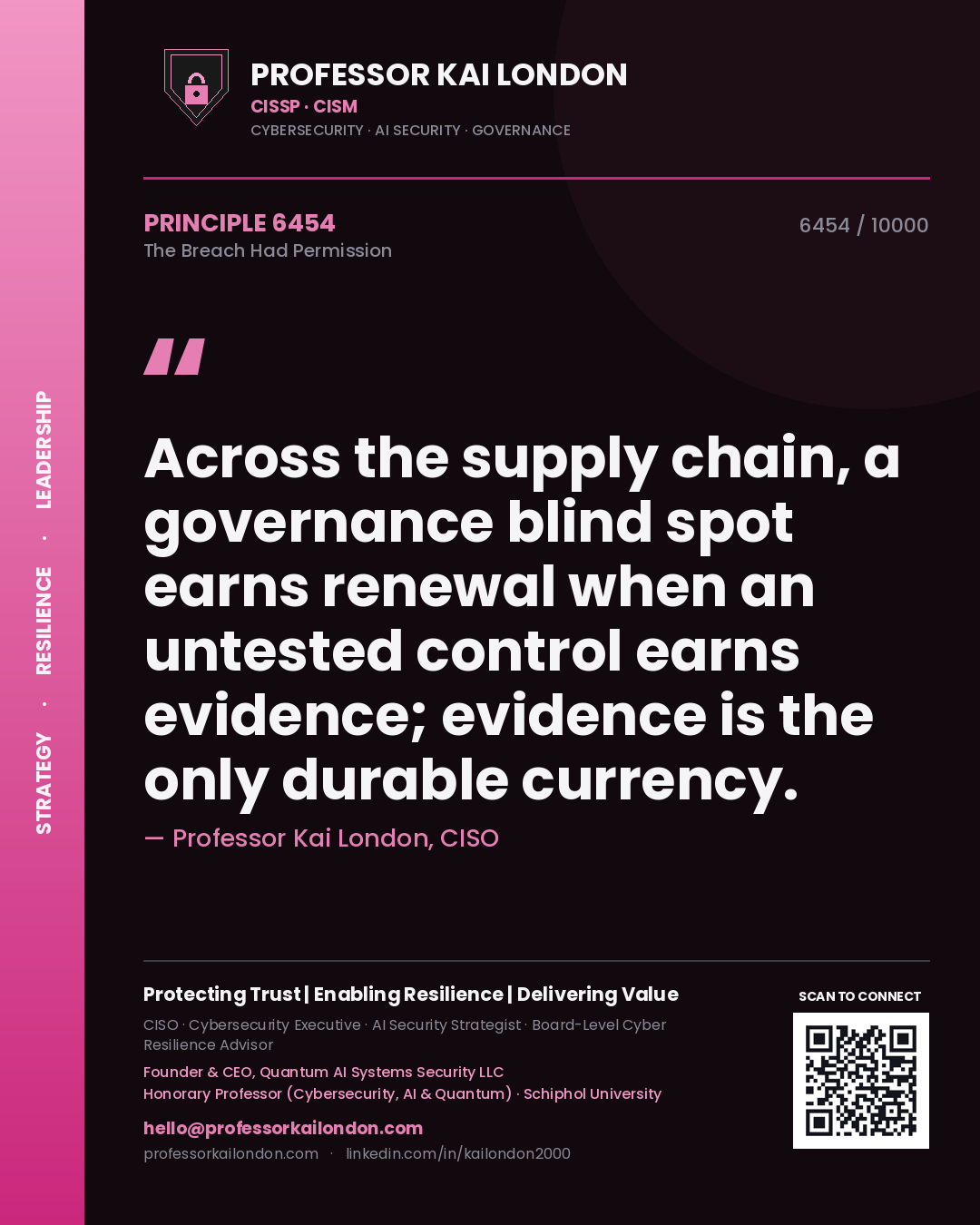 Quote card by Professor Kai London reading 'Across the supply chain, a governance blind spot earns renewal when an untested control earns evidence; evidence is the only durable currency.'. From the book The Breach Had Permission.