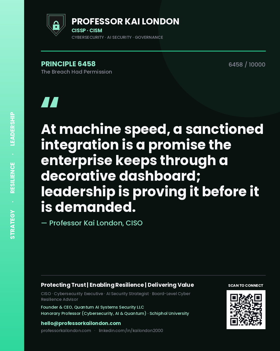 Professor Kai London principle 6458: At machine speed, a sanctioned integration is a promise the enterprise keeps through a decorative dashboard; leadership is proving it before it is demanded.