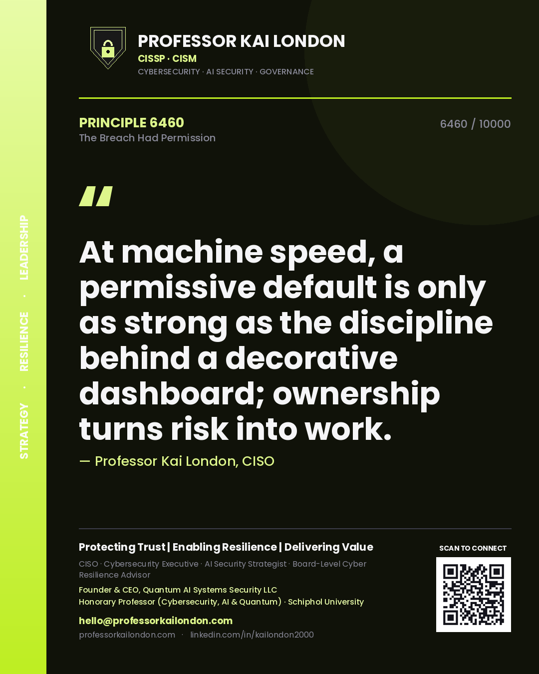 Professor Kai London principle 6460: At machine speed, a permissive default is only as strong as the discipline behind a decorative dashboard; ownership turns risk into work.
