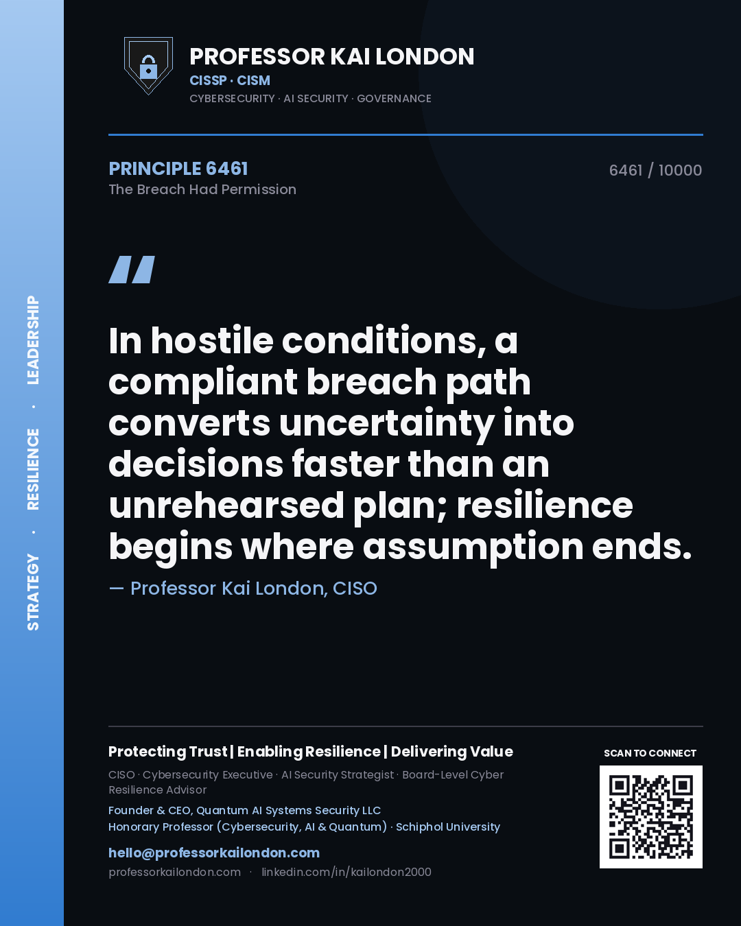 Professor Kai London principle 6461: In hostile conditions, a compliant breach path converts uncertainty into decisions faster than an unrehearsed plan; resilience begins where assumption ends.