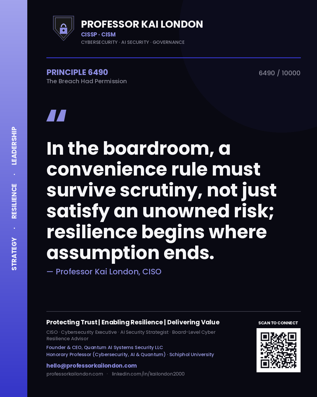 Quote card by Professor Kai London reading 'In the boardroom, a convenience rule must survive scrutiny, not just satisfy an unowned risk; resilience begins where assumption ends.'. From the book The Breach Had Permission.